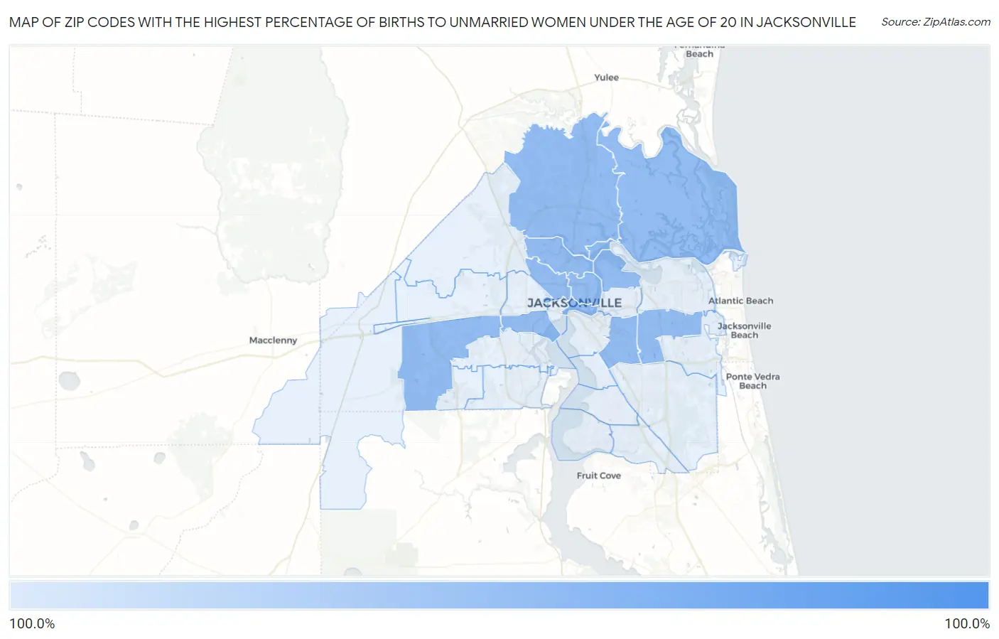 Zip Codes with the Highest Percentage of Births to Unmarried Women under the Age of 20 in Jacksonville Map