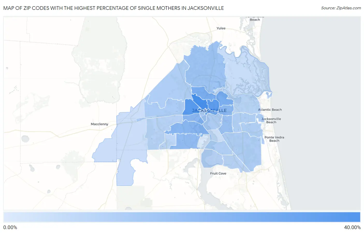 Zip Codes with the Highest Percentage of Single Mothers in Jacksonville Map