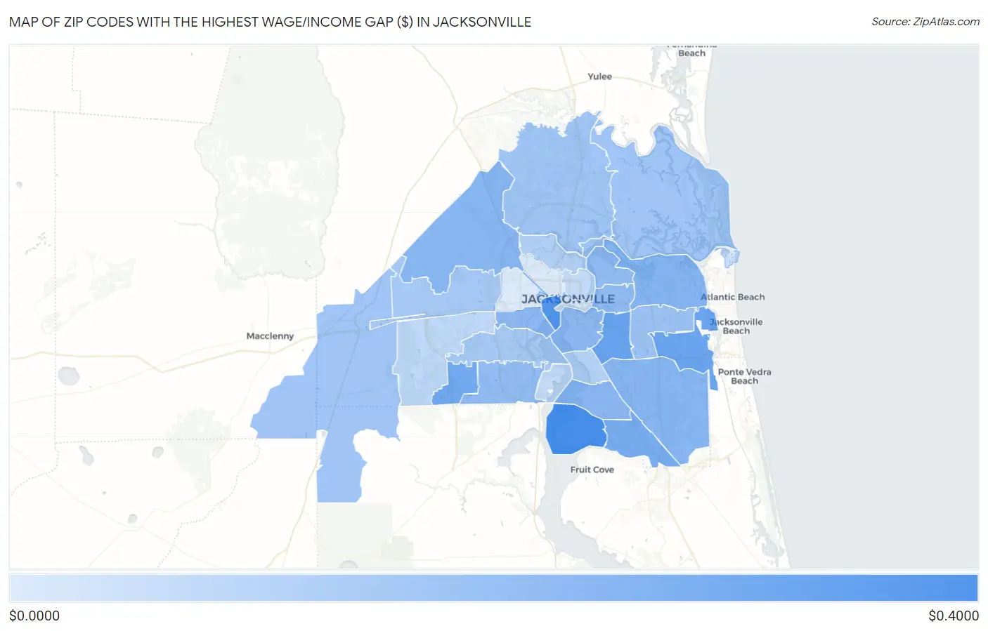 Zip Codes with the Highest Wage/Income Gap ($) in Jacksonville Map