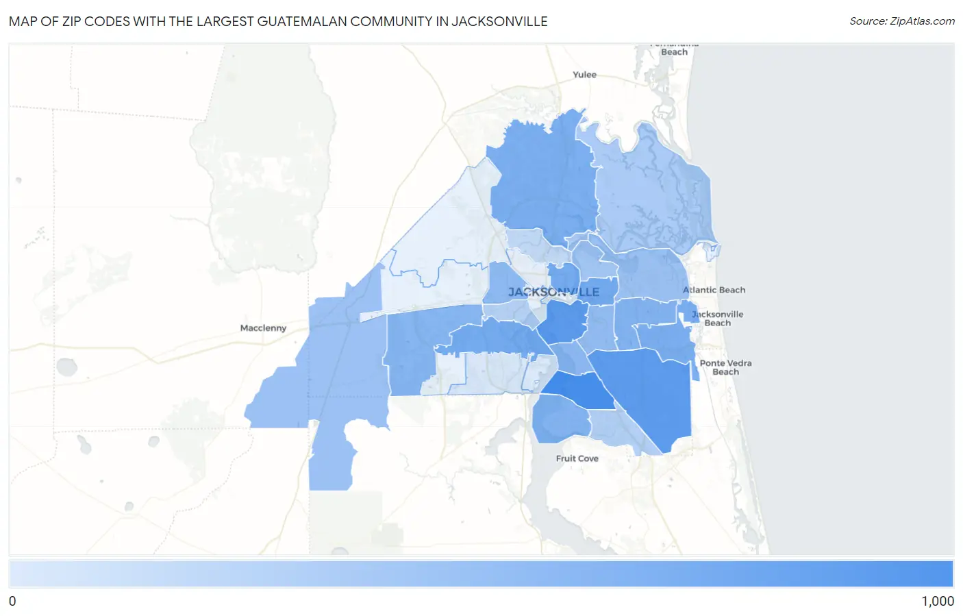 Zip Codes with the Largest Guatemalan Community in Jacksonville Map