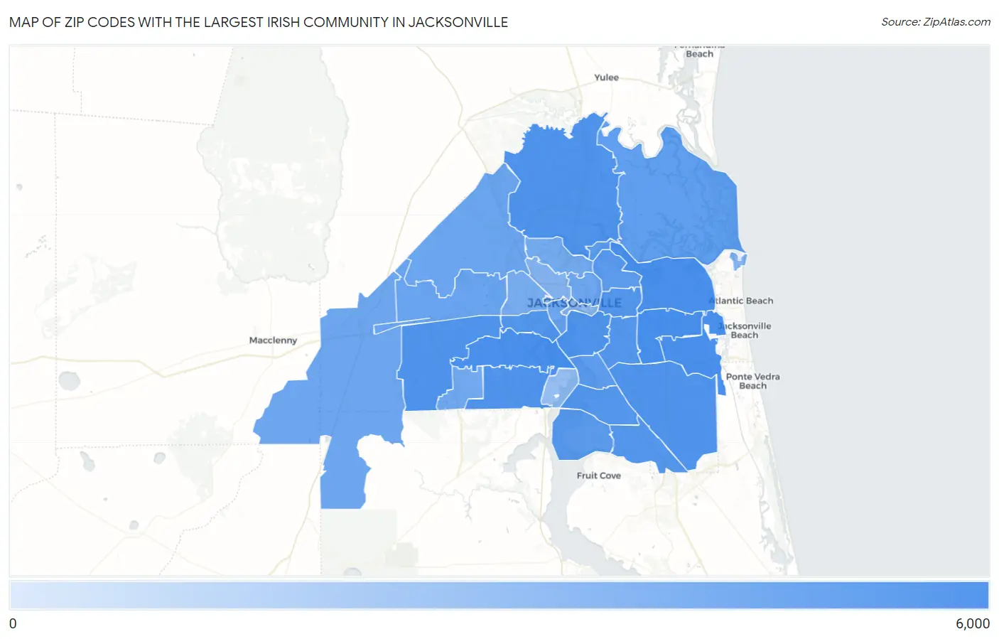 Zip Codes with the Largest Irish Community in Jacksonville Map