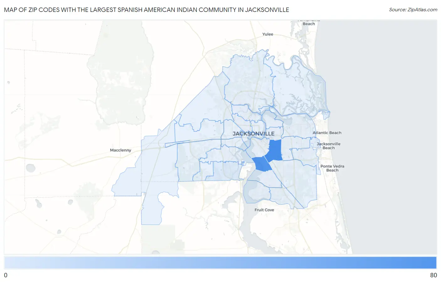 Zip Codes with the Largest Spanish American Indian Community in Jacksonville Map