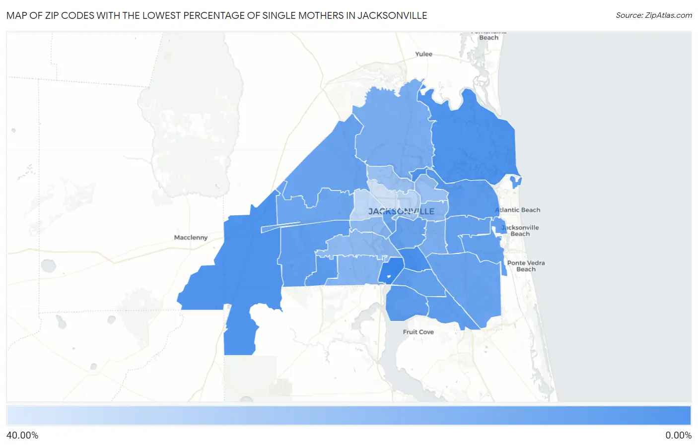 Zip Codes with the Lowest Percentage of Single Mothers in Jacksonville Map