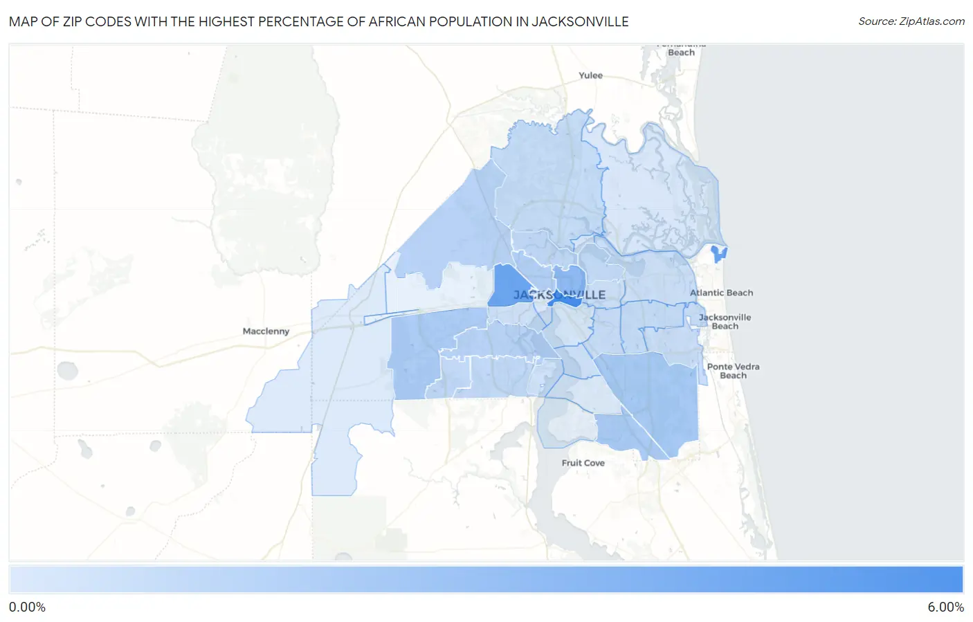 Zip Codes with the Highest Percentage of African Population in Jacksonville Map
