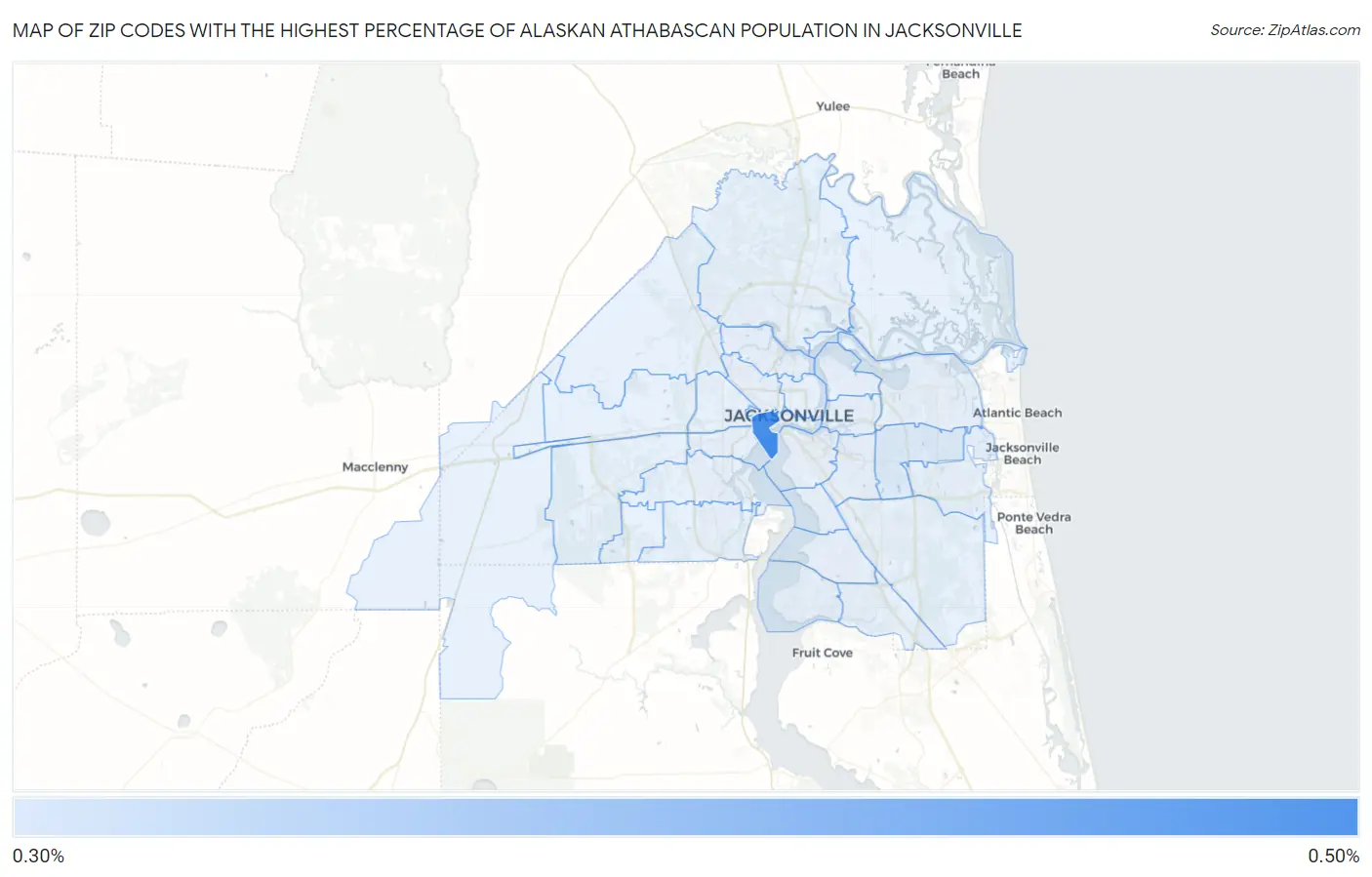 Zip Codes with the Highest Percentage of Alaskan Athabascan Population in Jacksonville Map