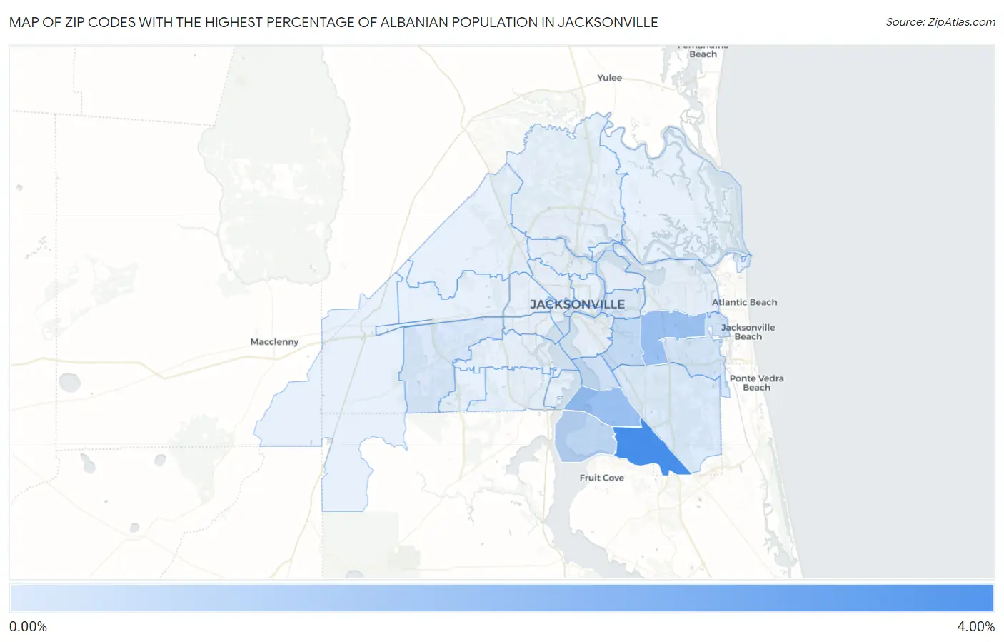 Zip Codes with the Highest Percentage of Albanian Population in Jacksonville Map
