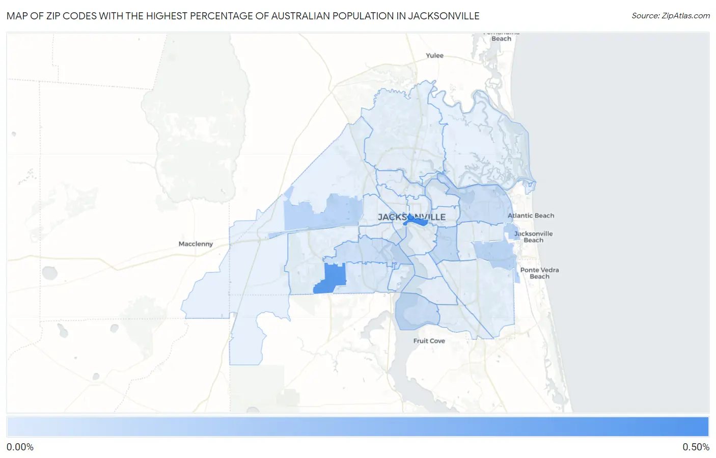 Zip Codes with the Highest Percentage of Australian Population in Jacksonville Map