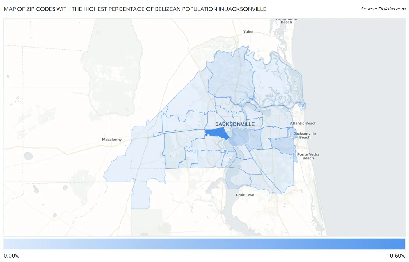 Zip Codes with the Highest Percentage of Belizean Population in Jacksonville Map