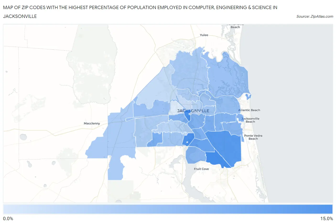 Zip Codes with the Highest Percentage of Population Employed in Computer, Engineering & Science in Jacksonville Map