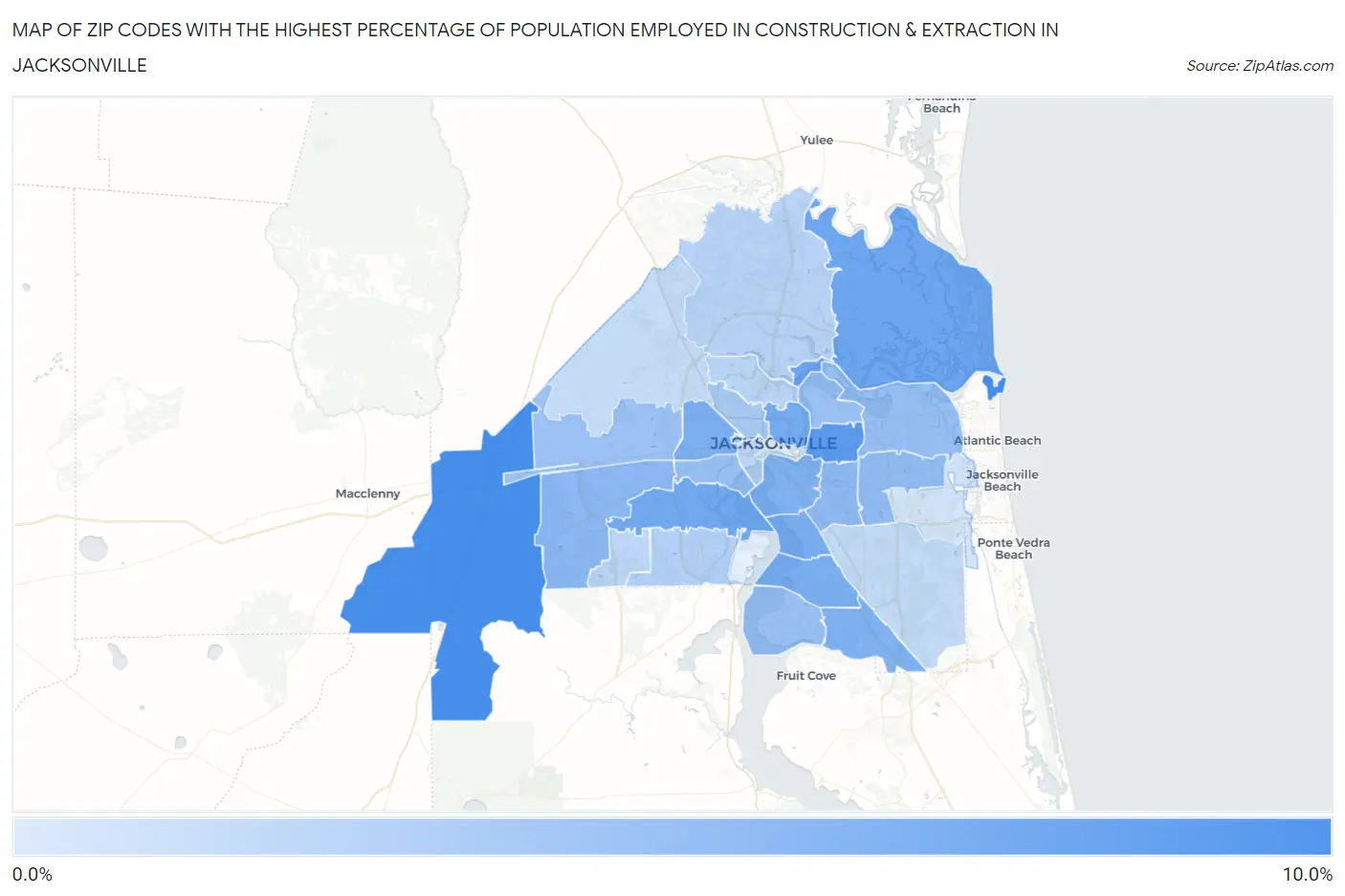 Zip Codes with the Highest Percentage of Population Employed in Construction & Extraction in Jacksonville Map