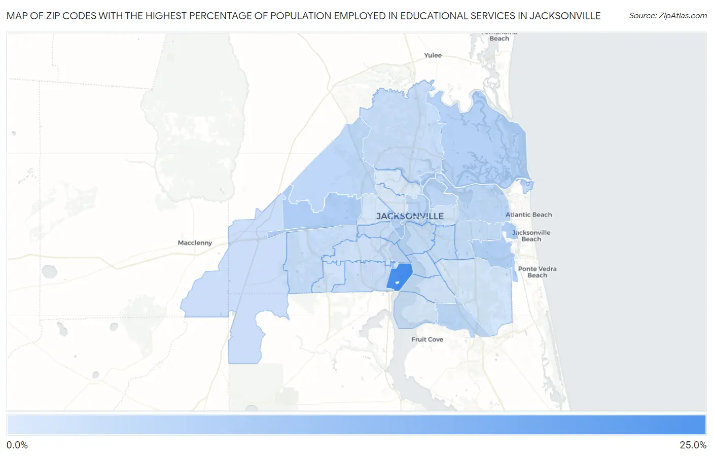 Zip Codes with the Highest Percentage of Population Employed in Educational Services in Jacksonville Map