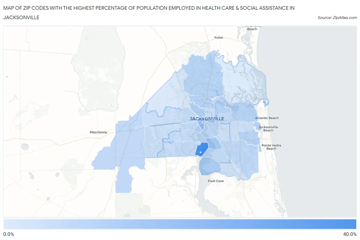 Zip Codes with the Highest Percentage of Population Employed in Health Care & Social Assistance in Jacksonville Map