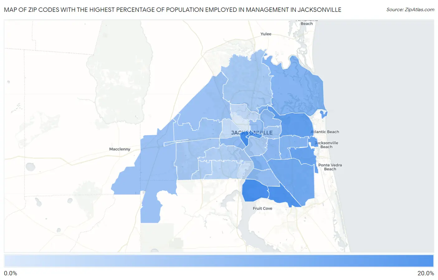Zip Codes with the Highest Percentage of Population Employed in Management in Jacksonville Map