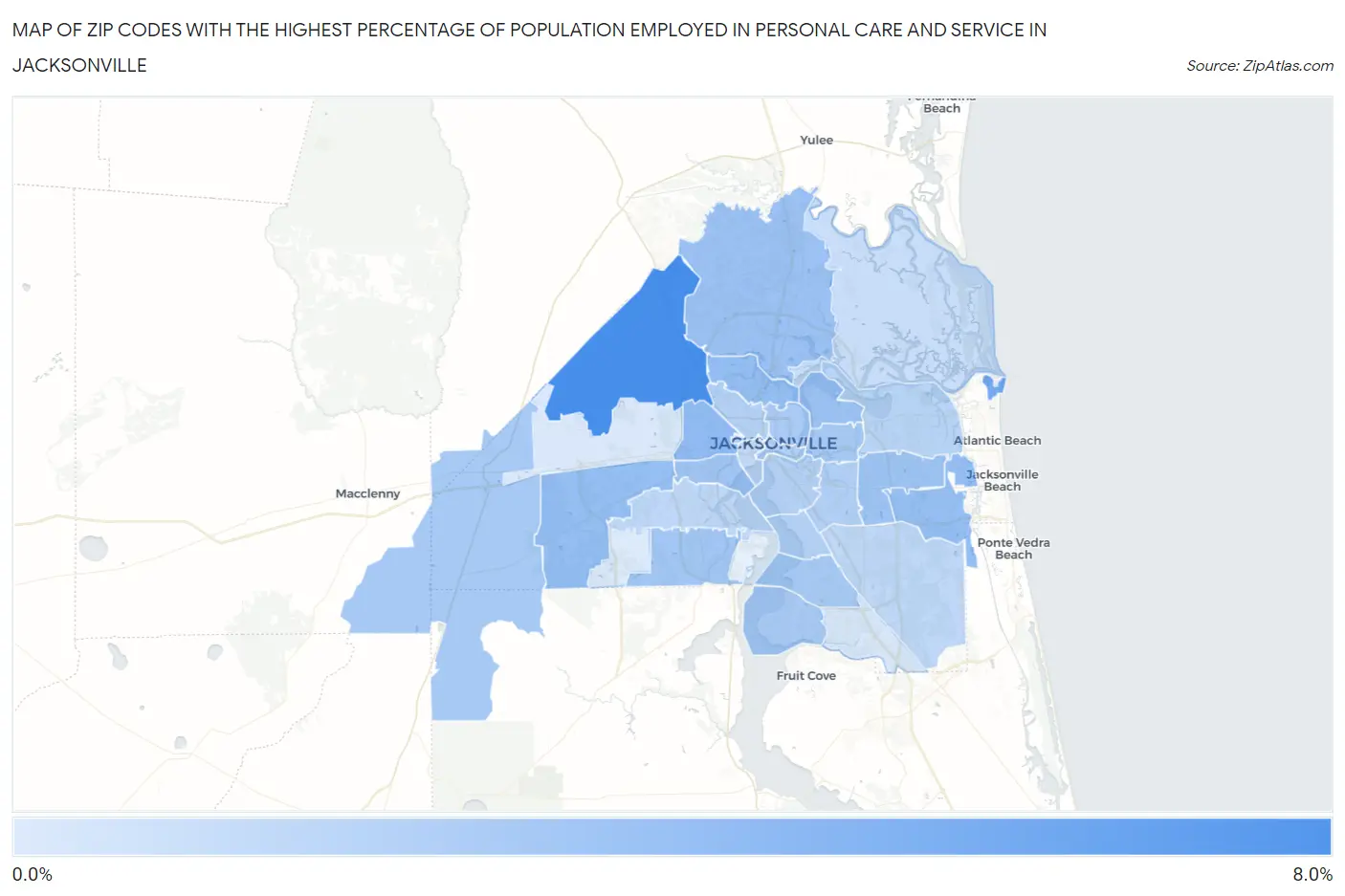 Zip Codes with the Highest Percentage of Population Employed in Personal Care and Service in Jacksonville Map