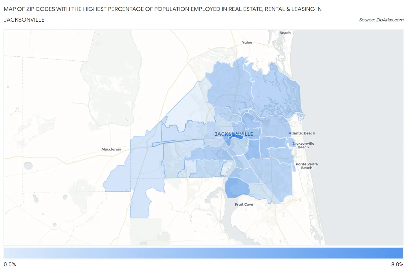 Zip Codes with the Highest Percentage of Population Employed in Real Estate, Rental & Leasing in Jacksonville Map