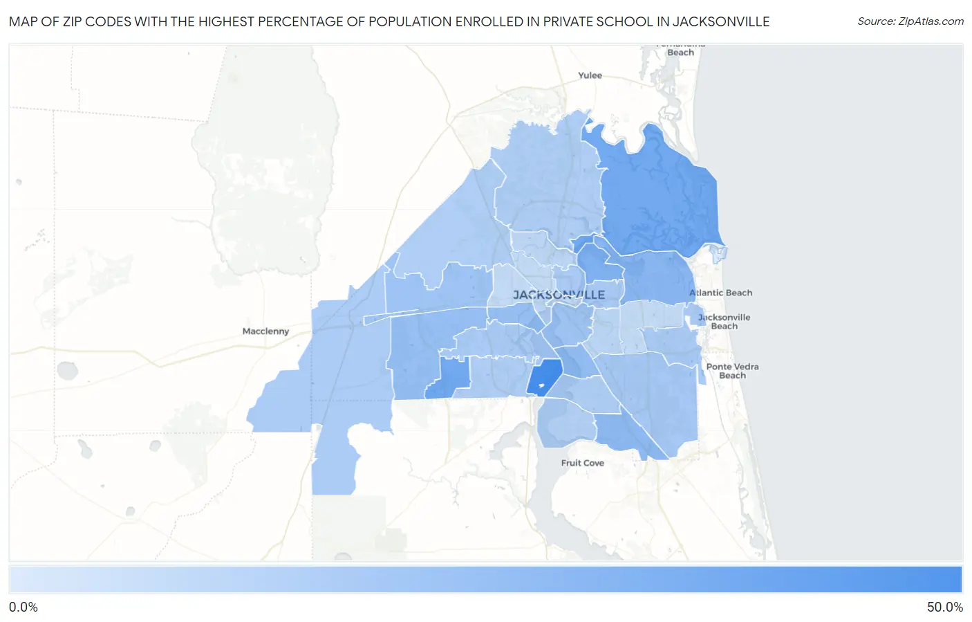Zip Codes with the Highest Percentage of Population Enrolled in Private School in Jacksonville Map