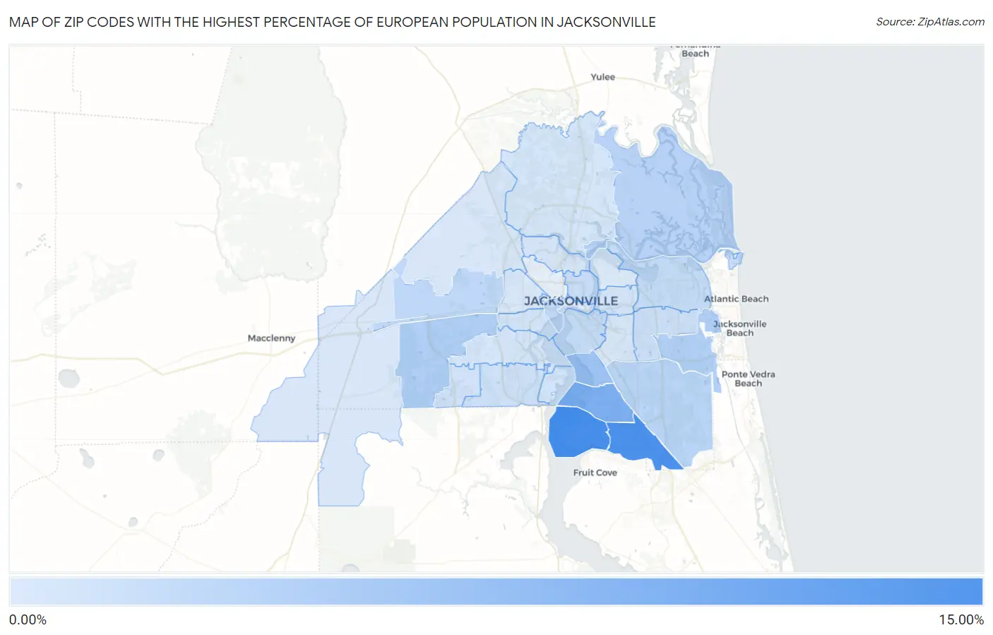 Zip Codes with the Highest Percentage of European Population in Jacksonville Map