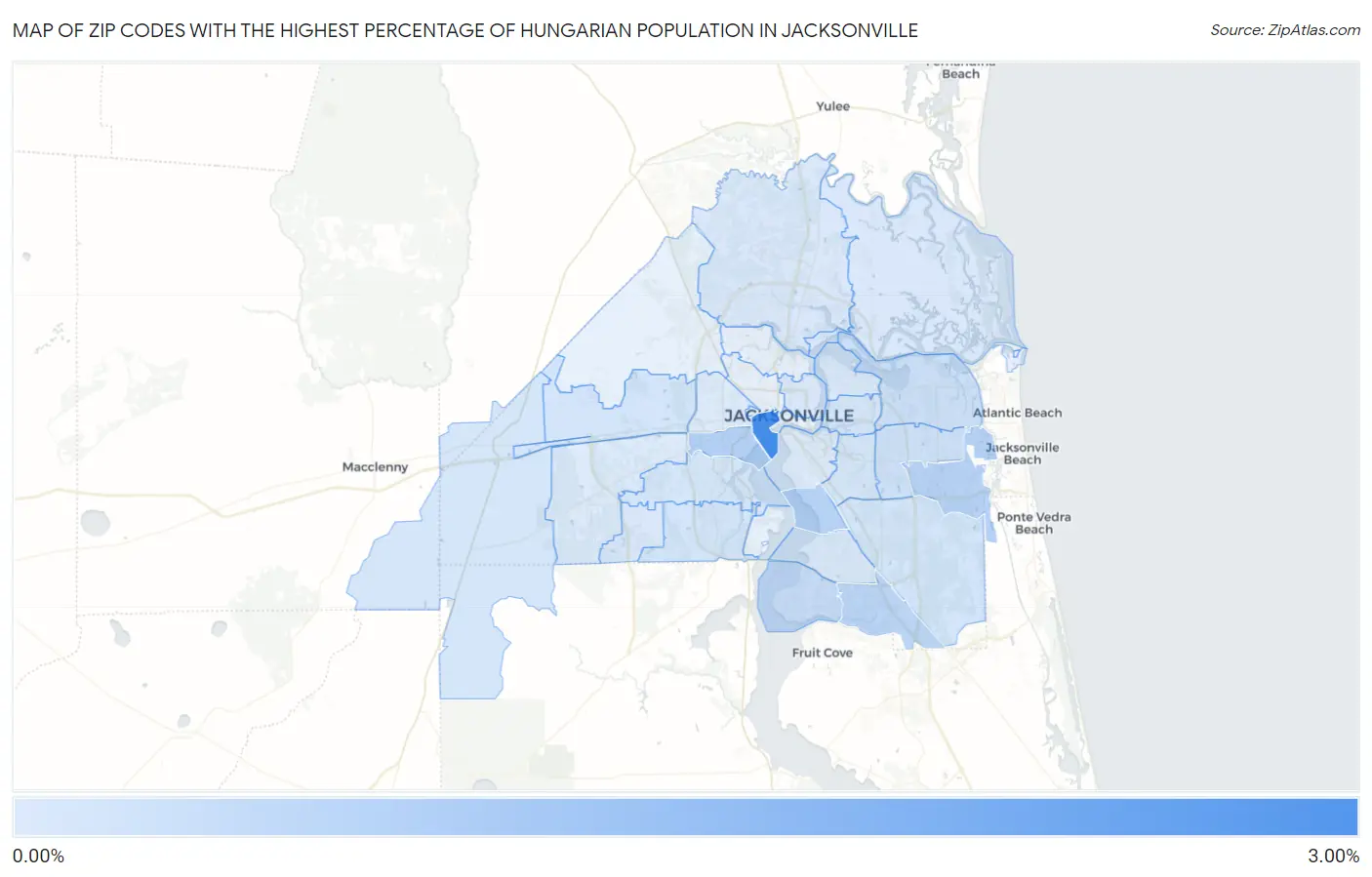 Zip Codes with the Highest Percentage of Hungarian Population in Jacksonville Map