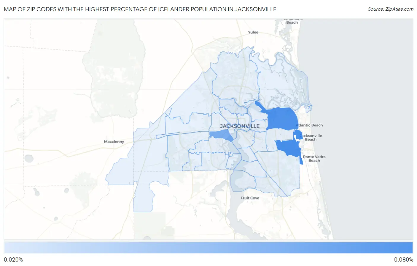 Zip Codes with the Highest Percentage of Icelander Population in Jacksonville Map