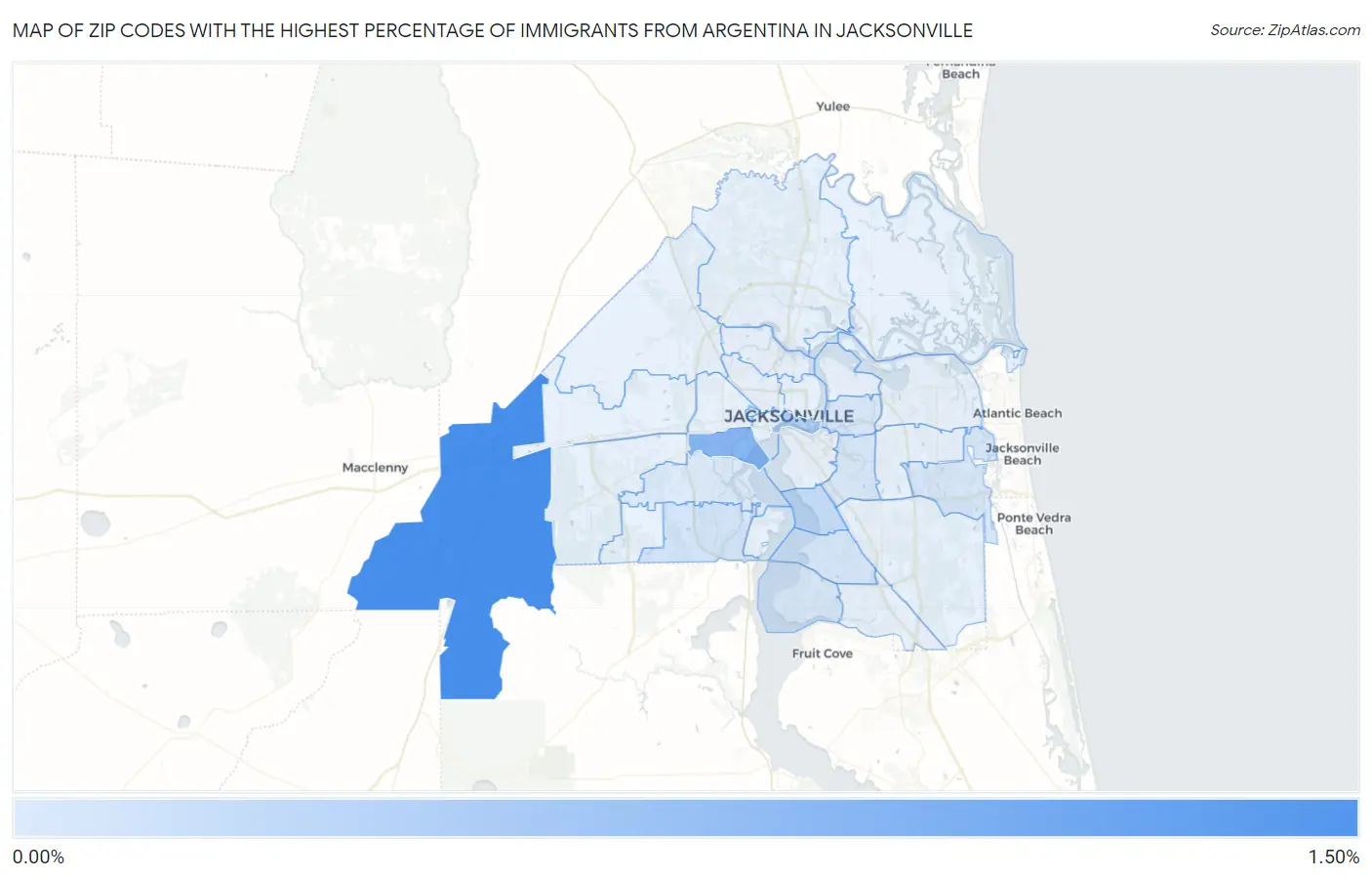 Zip Codes with the Highest Percentage of Immigrants from Argentina in Jacksonville Map