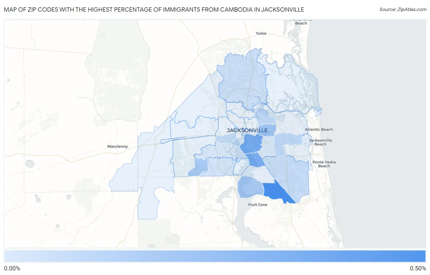 Zip Codes with the Highest Percentage of Immigrants from Cambodia in Jacksonville Map