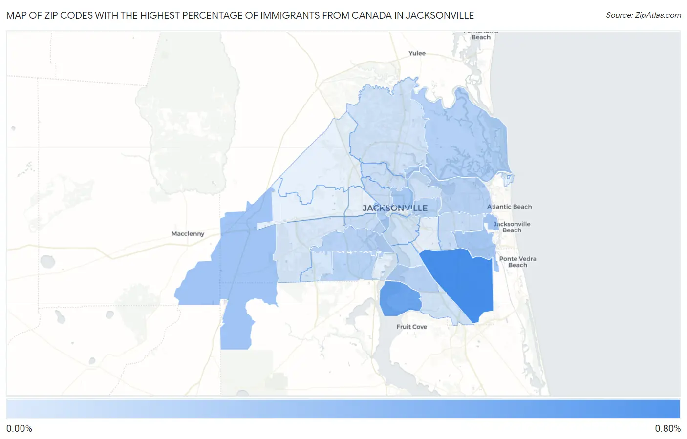 Zip Codes with the Highest Percentage of Immigrants from Canada in Jacksonville Map