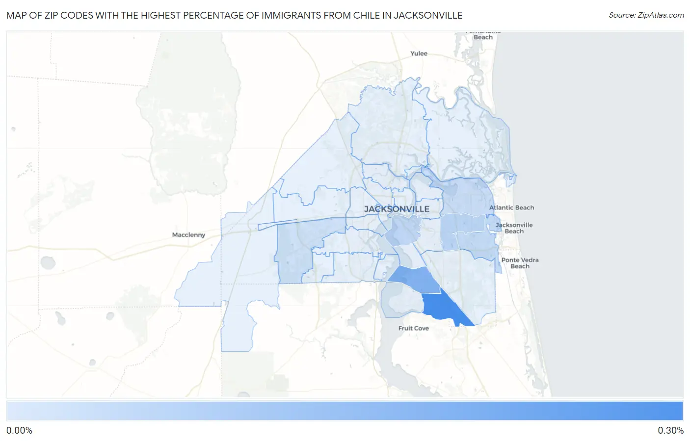 Zip Codes with the Highest Percentage of Immigrants from Chile in Jacksonville Map