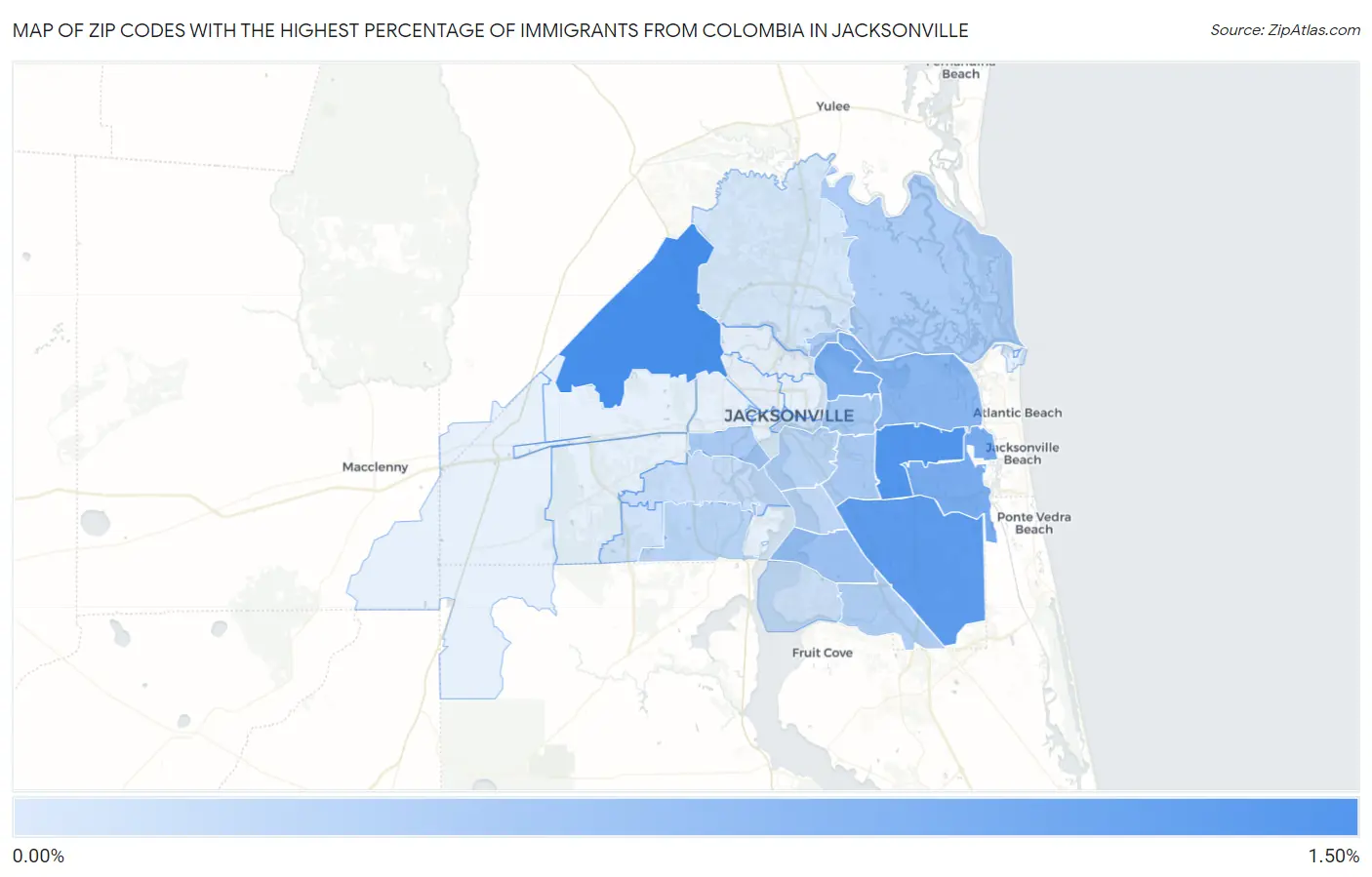 Zip Codes with the Highest Percentage of Immigrants from Colombia in Jacksonville Map