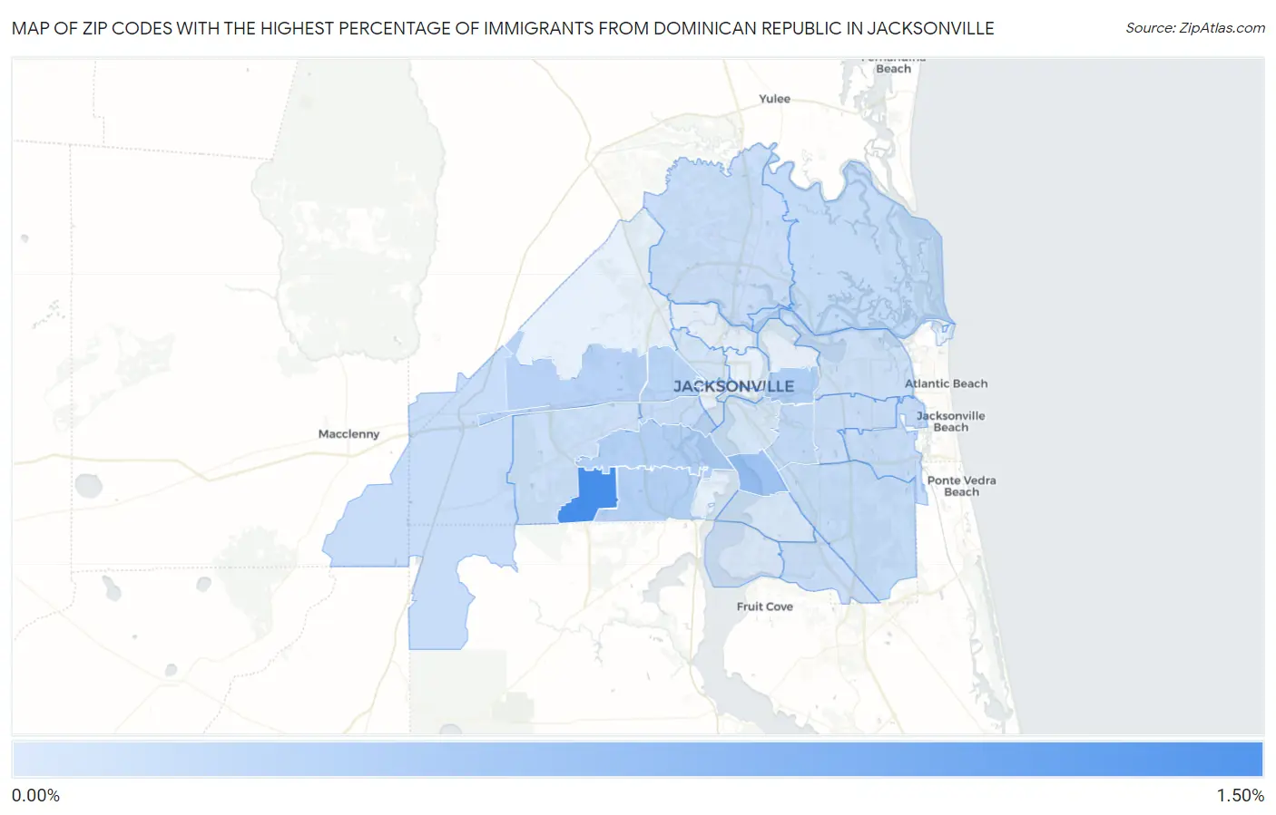 Zip Codes with the Highest Percentage of Immigrants from Dominican Republic in Jacksonville Map