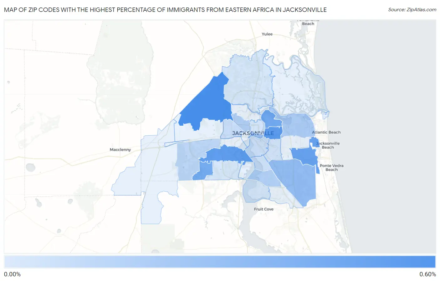 Zip Codes with the Highest Percentage of Immigrants from Eastern Africa in Jacksonville Map
