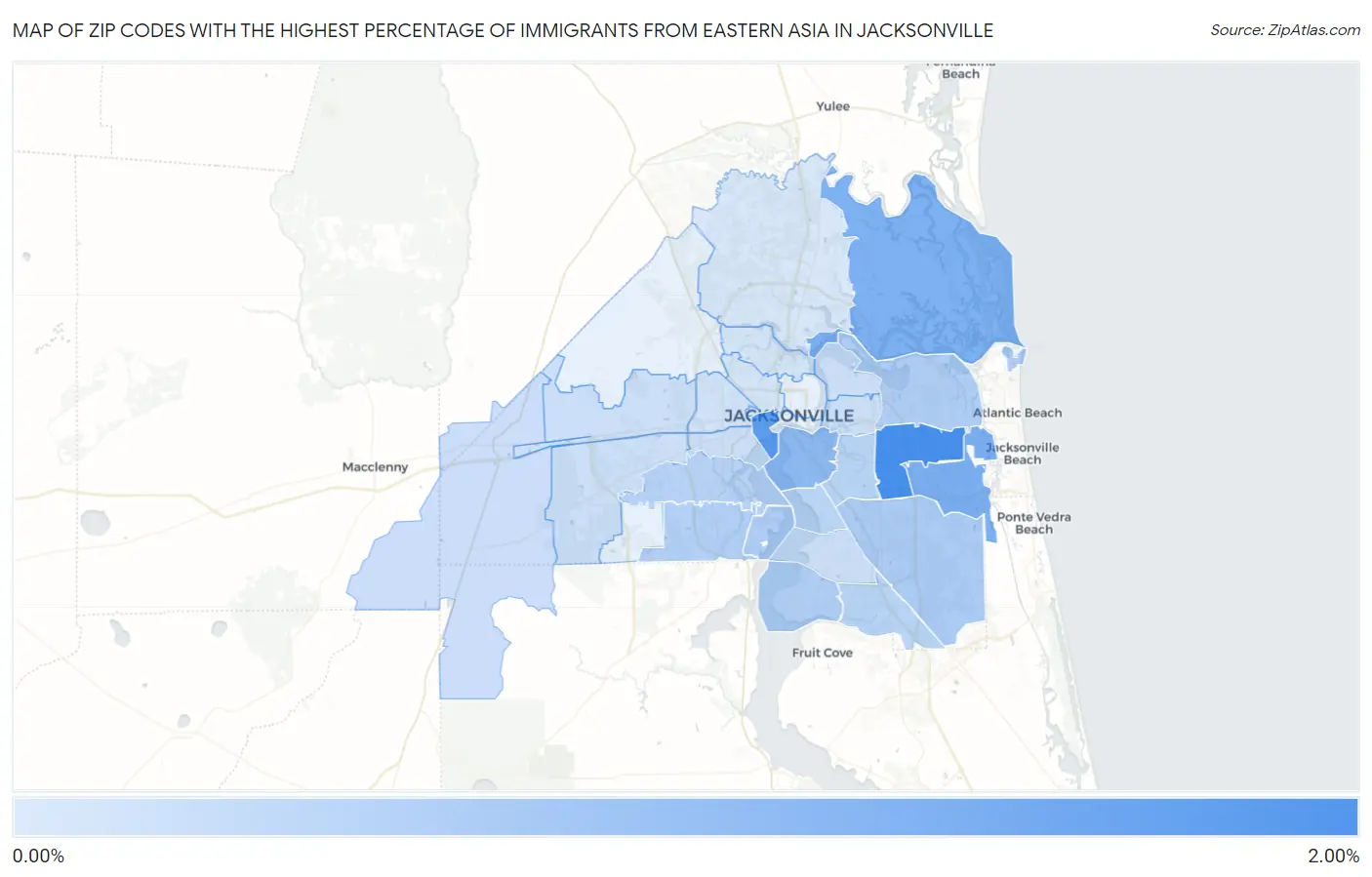 Zip Codes with the Highest Percentage of Immigrants from Eastern Asia in Jacksonville Map
