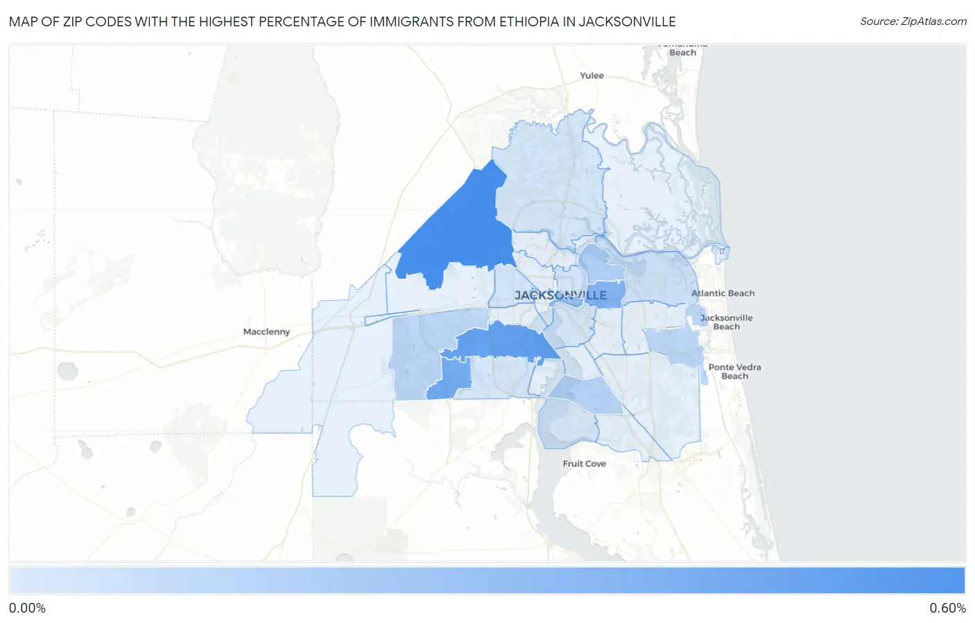 Zip Codes with the Highest Percentage of Immigrants from Ethiopia in Jacksonville Map