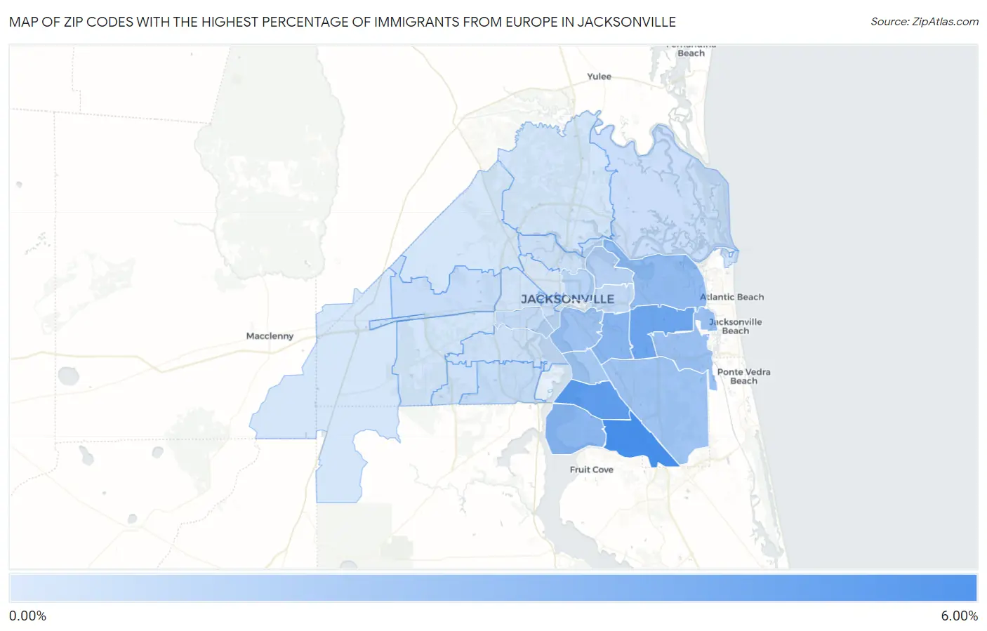 Zip Codes with the Highest Percentage of Immigrants from Europe in Jacksonville Map