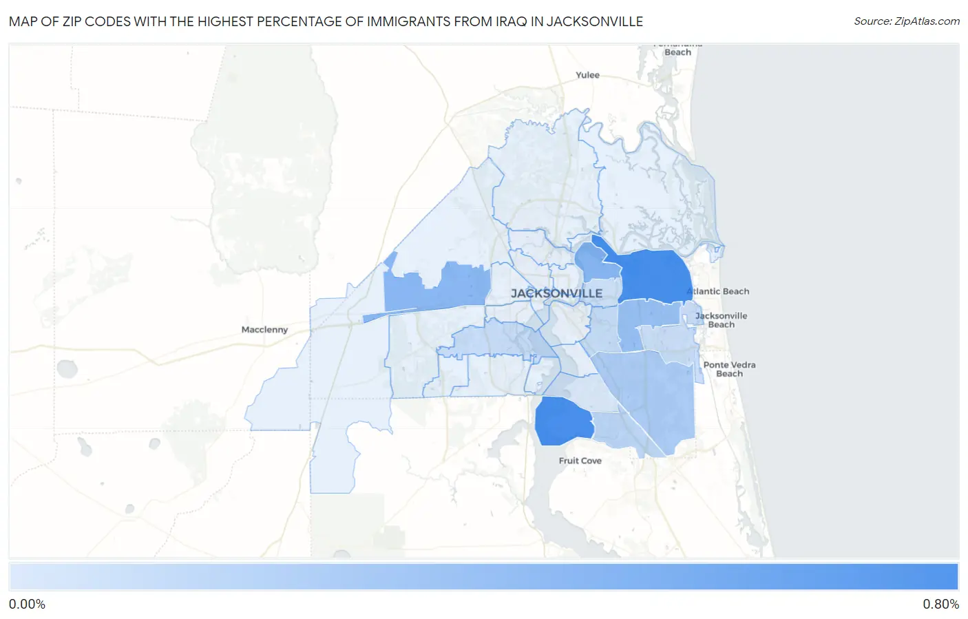 Zip Codes with the Highest Percentage of Immigrants from Iraq in Jacksonville Map