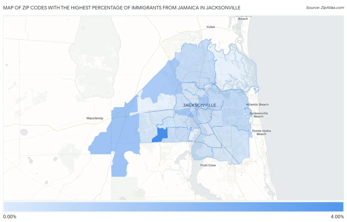 Zip Codes with the Highest Percentage of Immigrants from Jamaica in Jacksonville Map
