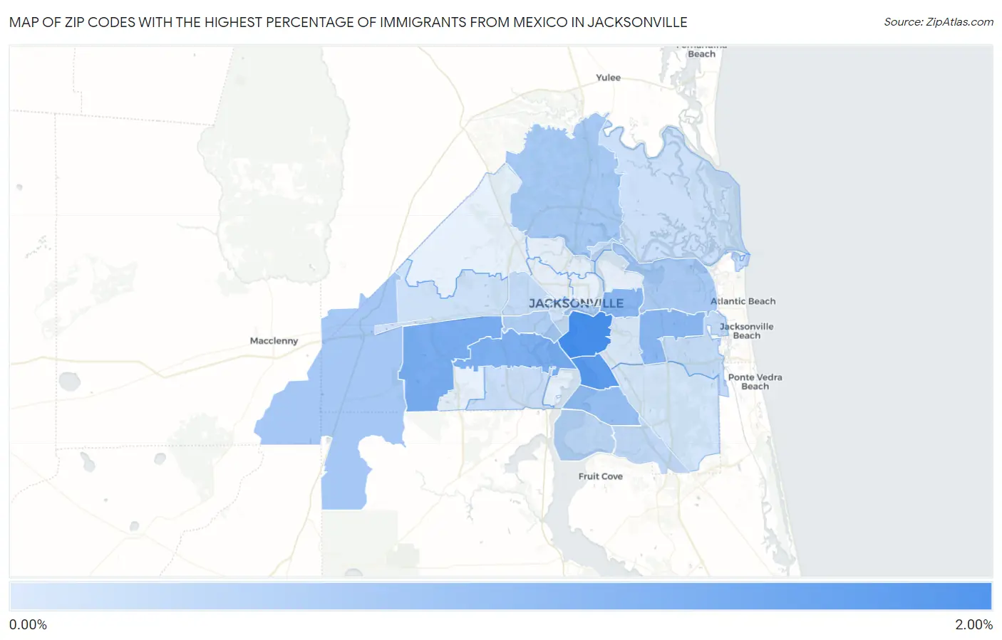 Zip Codes with the Highest Percentage of Immigrants from Mexico in Jacksonville Map