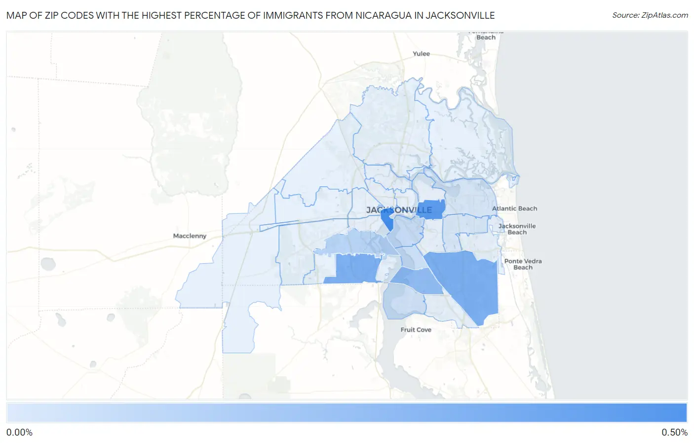 Zip Codes with the Highest Percentage of Immigrants from Nicaragua in Jacksonville Map