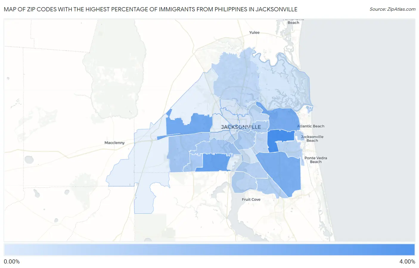 Zip Codes with the Highest Percentage of Immigrants from Philippines in Jacksonville Map