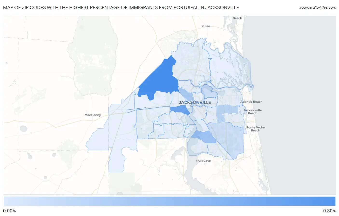 Zip Codes with the Highest Percentage of Immigrants from Portugal in Jacksonville Map