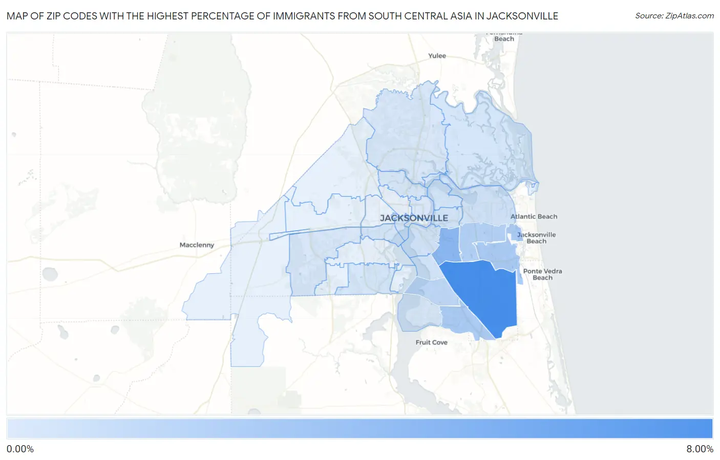 Zip Codes with the Highest Percentage of Immigrants from South Central Asia in Jacksonville Map