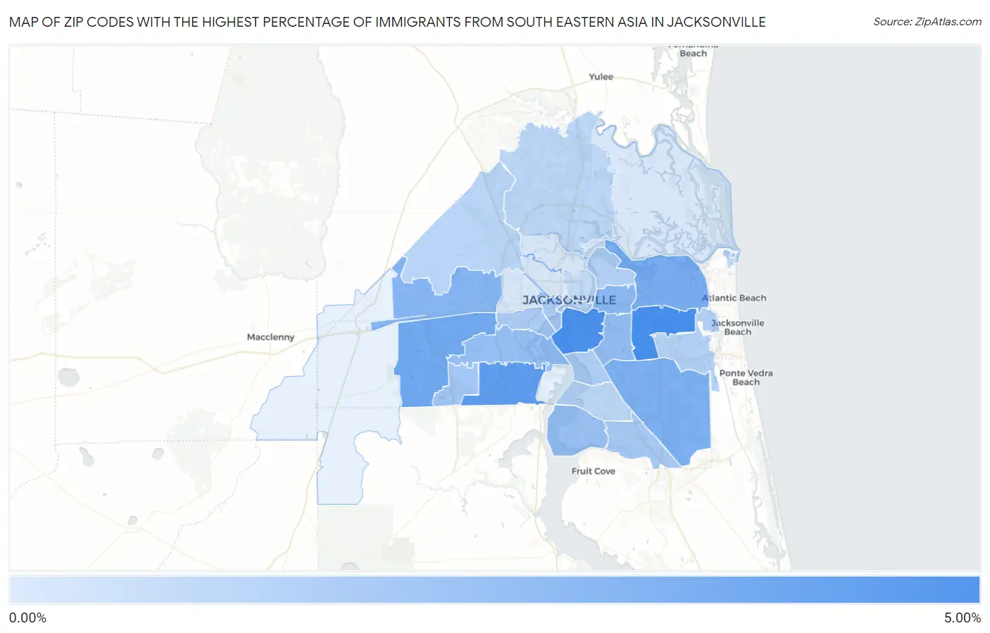 Zip Codes with the Highest Percentage of Immigrants from South Eastern Asia in Jacksonville Map