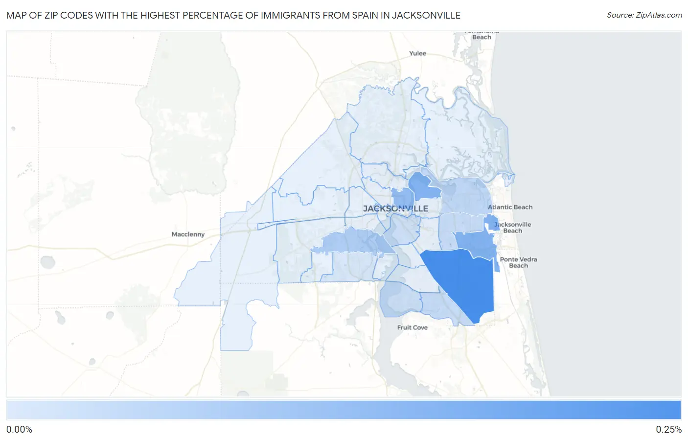 Zip Codes with the Highest Percentage of Immigrants from Spain in Jacksonville Map