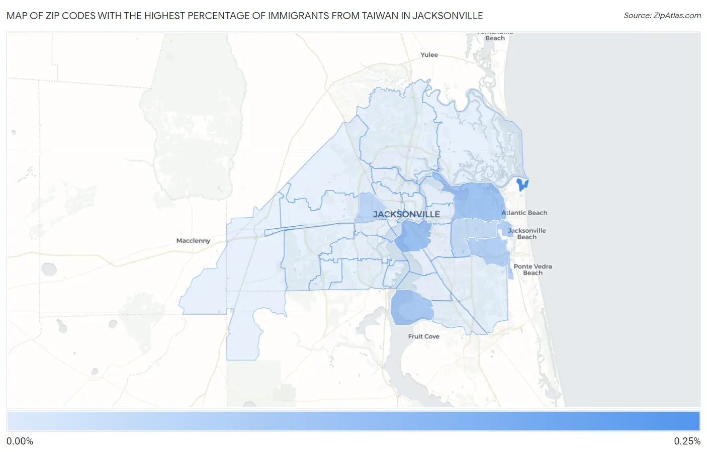 Zip Codes with the Highest Percentage of Immigrants from Taiwan in Jacksonville Map