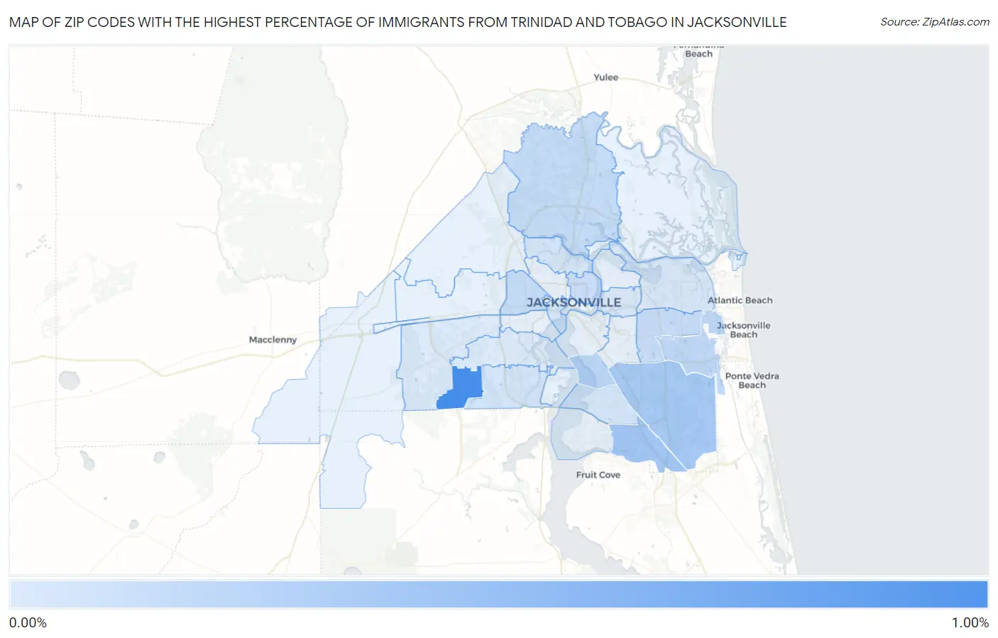 Zip Codes with the Highest Percentage of Immigrants from Trinidad and Tobago in Jacksonville Map
