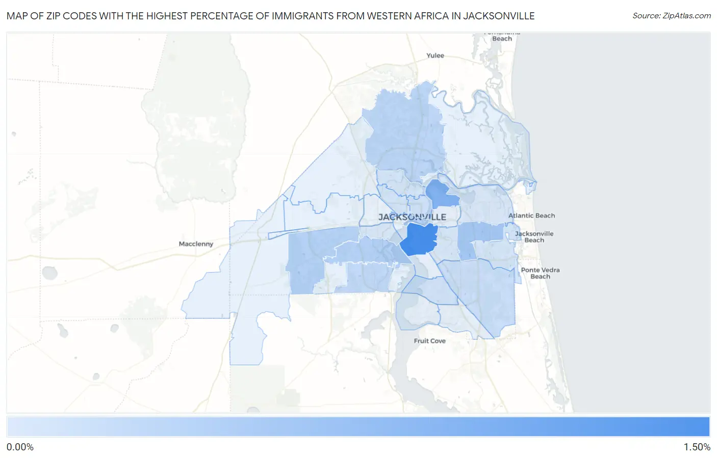 Zip Codes with the Highest Percentage of Immigrants from Western Africa in Jacksonville Map
