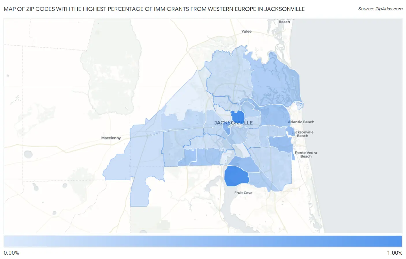 Zip Codes with the Highest Percentage of Immigrants from Western Europe in Jacksonville Map