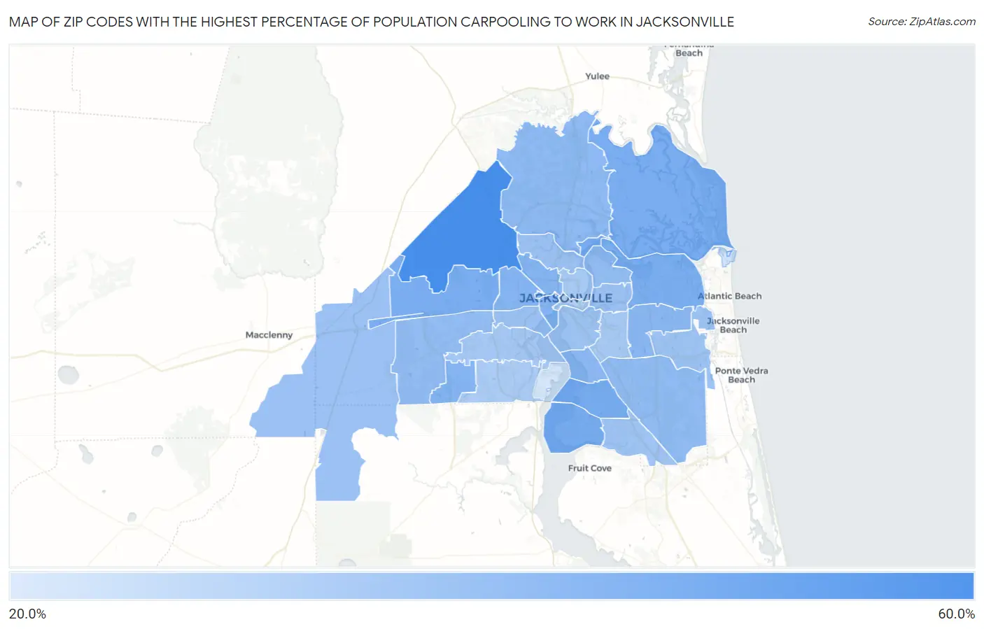 Zip Codes with the Highest Percentage of Population Carpooling to Work in Jacksonville Map