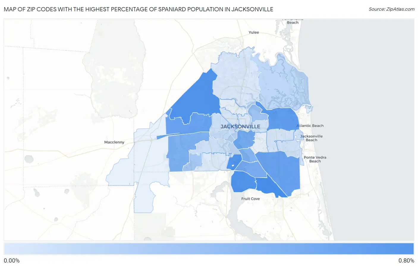 Zip Codes with the Highest Percentage of Spaniard Population in Jacksonville Map