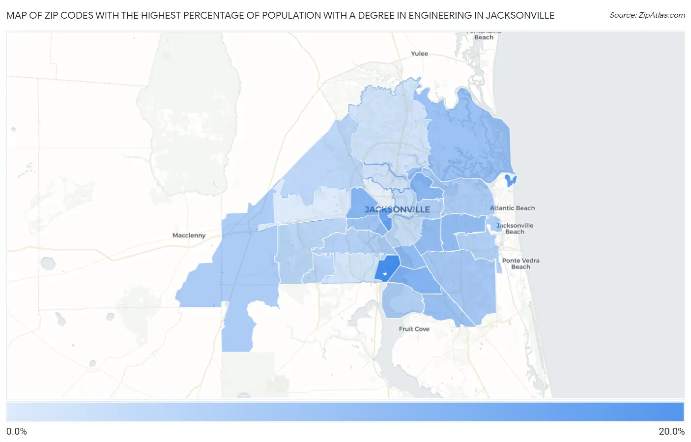 Zip Codes with the Highest Percentage of Population with a Degree in Engineering in Jacksonville Map