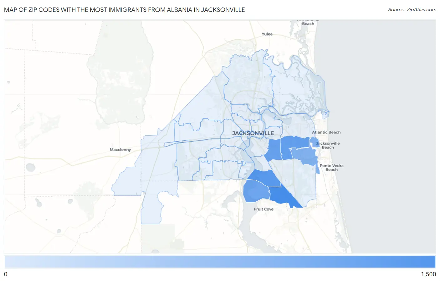 Zip Codes with the Most Immigrants from Albania in Jacksonville Map